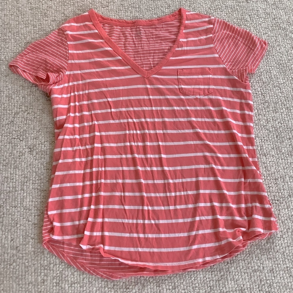 GAP Coral White Striped V Neck Tee Pocket Soft XL